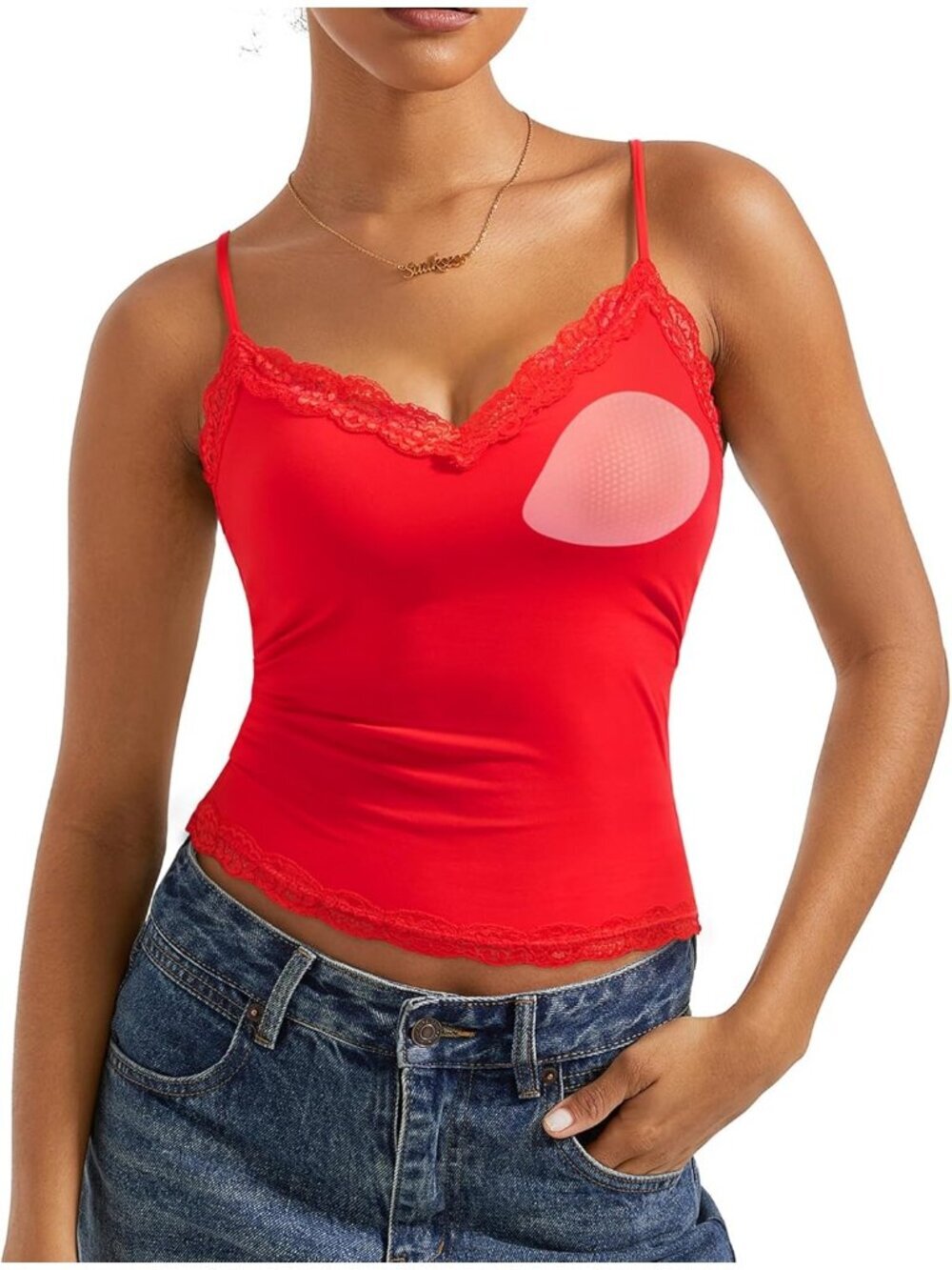 Women's Red Sleeveless Padded Lace Double Lined V Neck Pull On Tank Tops